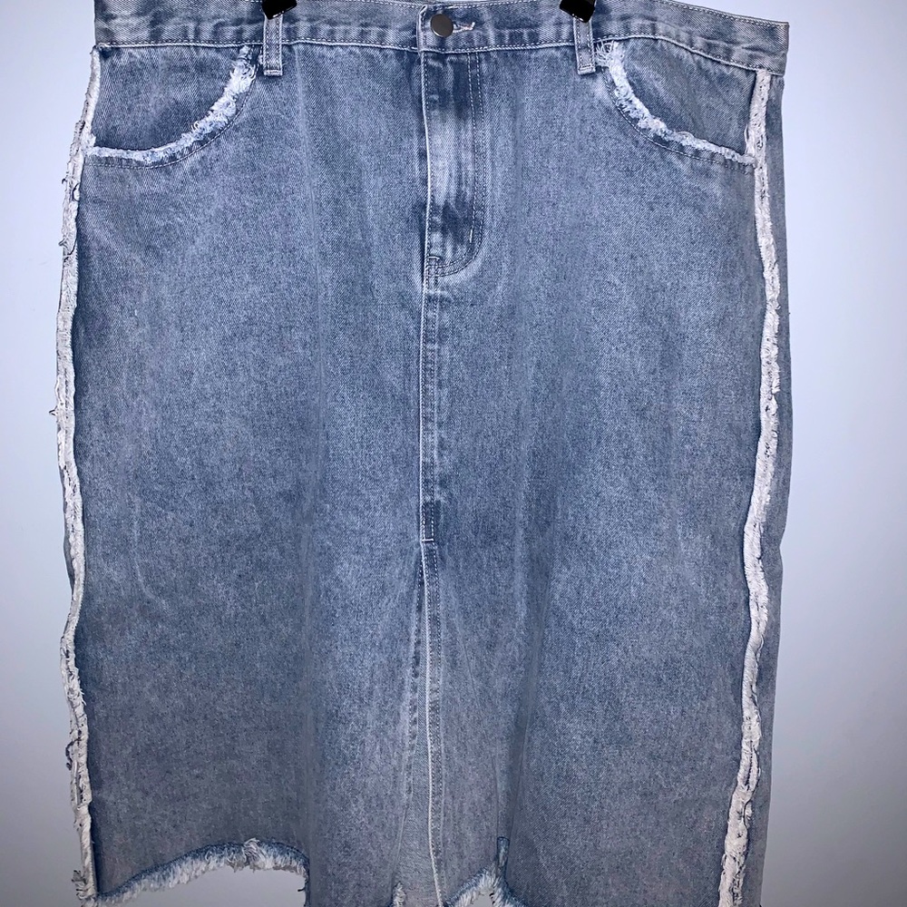 Midi Denim Skirt with Front Split and Fringe
